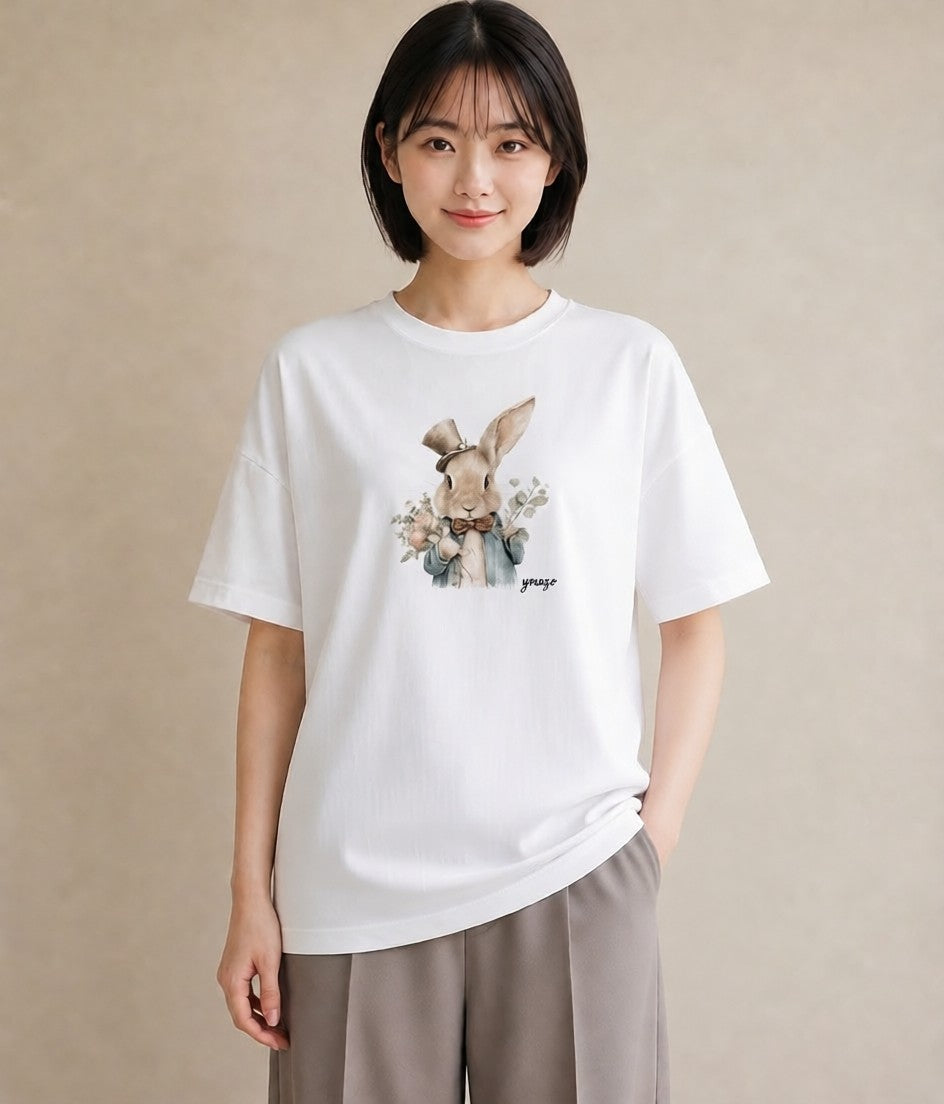 デザインTシャツ レディース ライオンラビット ペット 動物 イラスト 旅行用 海 白T YMAZO