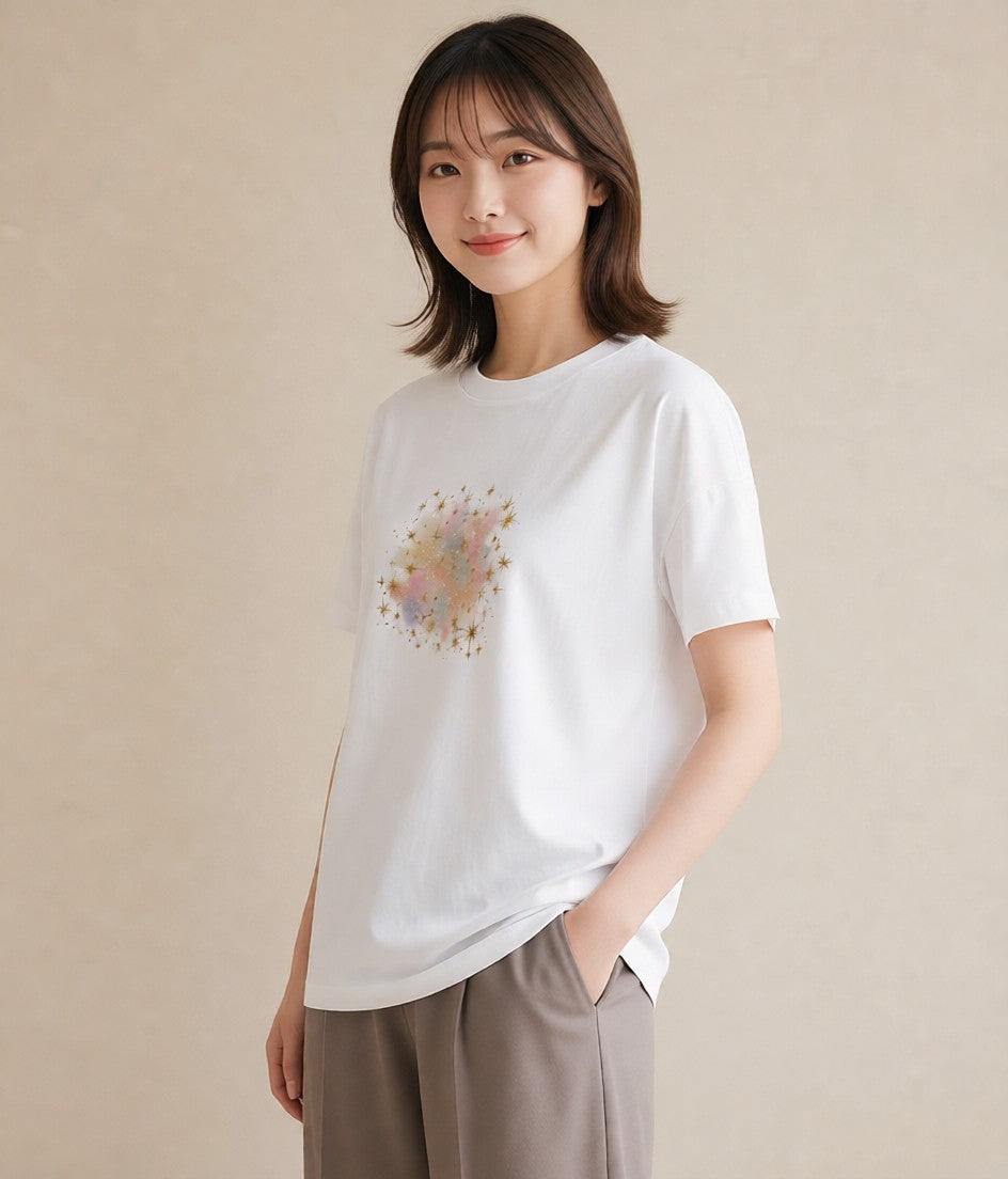 半袖Tシャツ レディース 乙女座 星空 宇宙 イラスト ポップ 買い物 夏コーデ 白T YMAZO