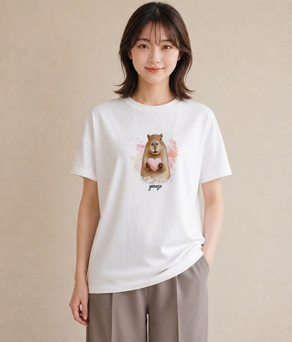 半袖Tシャツ レディース モルモット ペット 動物 イラスト 手描き風 誕生日プレゼント 綿100 白T YMAZO