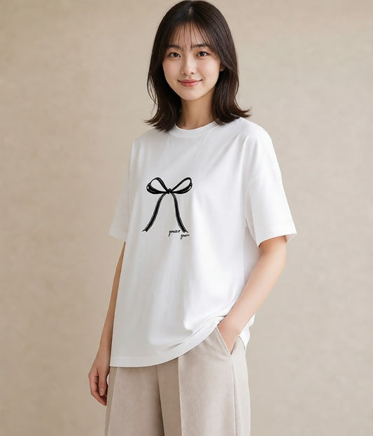 プリントTシャツ レディース リボン ボウ りぼん イラスト ナチュラル 通学 誕生日プレゼント 白T YMAZO