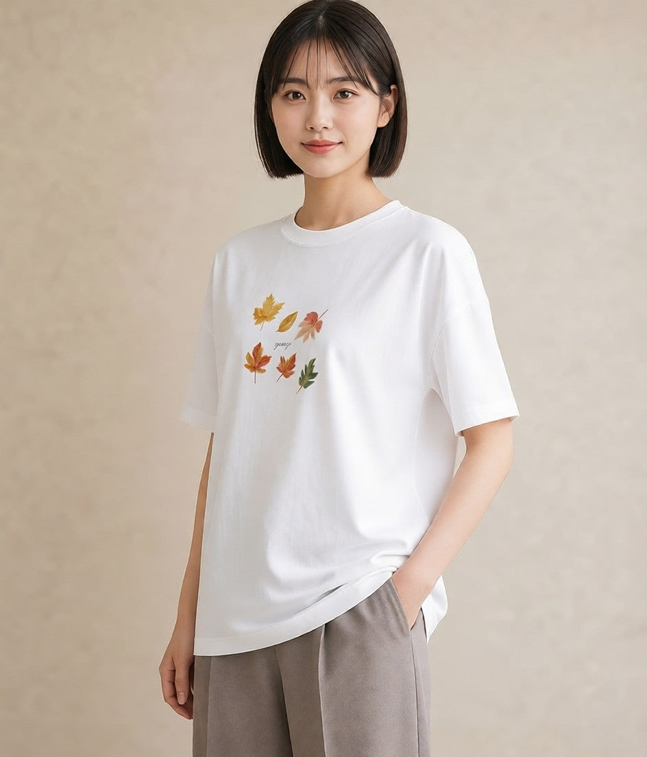 プリントTシャツ レディース 落ち葉 植物 ボタニカル イラスト 手描き風 部屋着 女性向けギフト 白T YMAZO