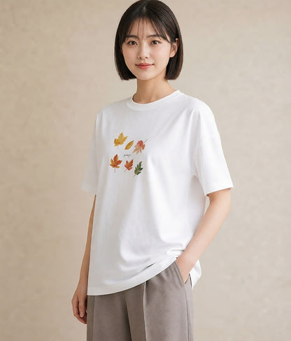 プリントTシャツ レディース 落ち葉 植物 ボタニカル イラスト 手描き風 部屋着 女性向けギフト 白T YMAZO
