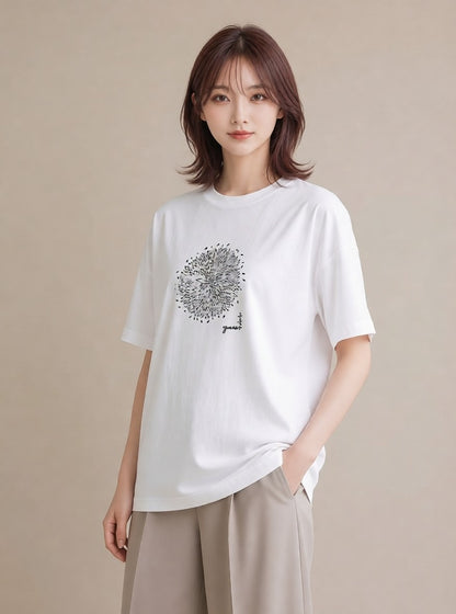 グラフィックTシャツ レディース 扇子 そよ風 ナチュラル アンティーク イラスト 個性的 カフェ巡り 女子会 白T YMAZO