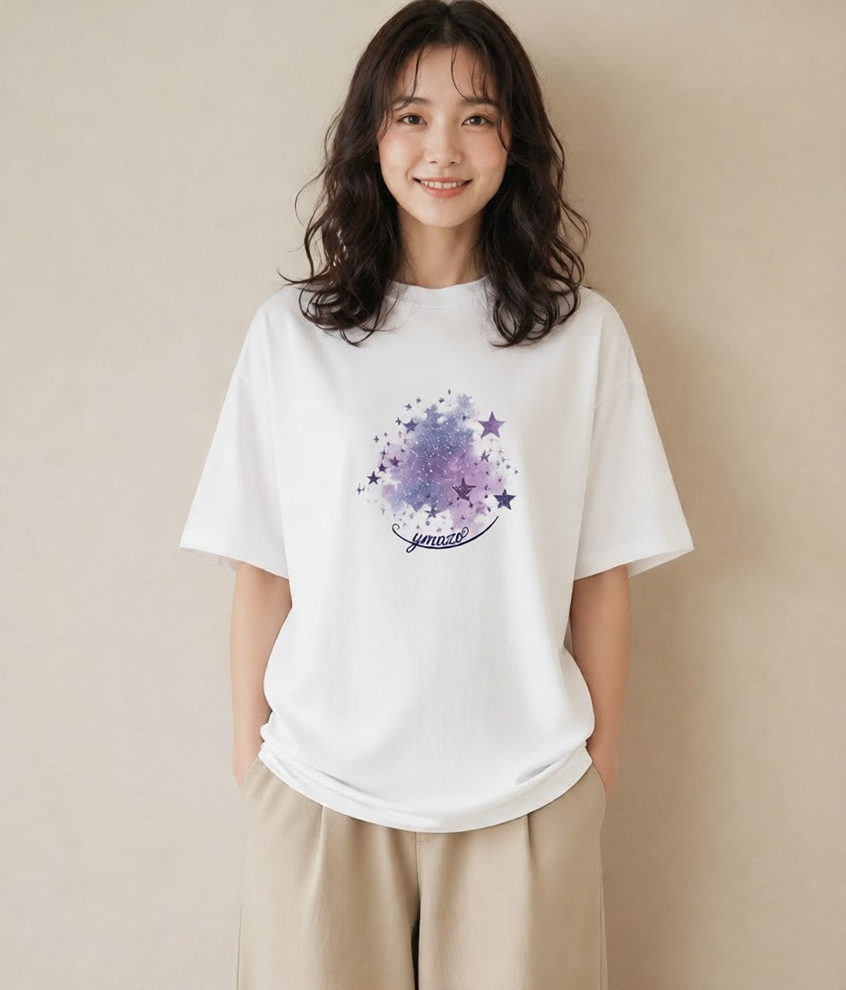 プリントTシャツ レディース 星空 宇宙 イラスト モード 20代 カジュアルコーデ 白T YMAZO