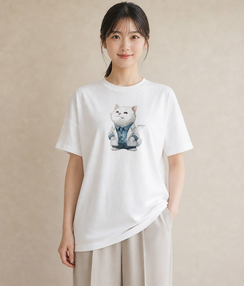 グラフィックTシャツ レディース サバトラ 猫 ねこ イラスト フェミニン デイリーウェア 休日 白T YMAZO