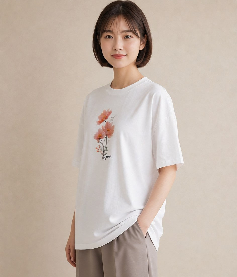 グラフィックTシャツ レディース ポスト 野の花 レトロ ナチュラル アンティーク イラスト こなれ感 通勤 在宅 白T YMAZO