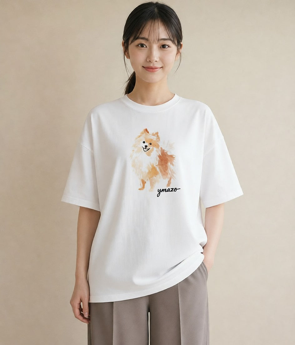 プリントTシャツ レディース ポメラニアン ポメ 犬 いぬ イラスト きれいめ 春服 ミセス 白T YMAZO