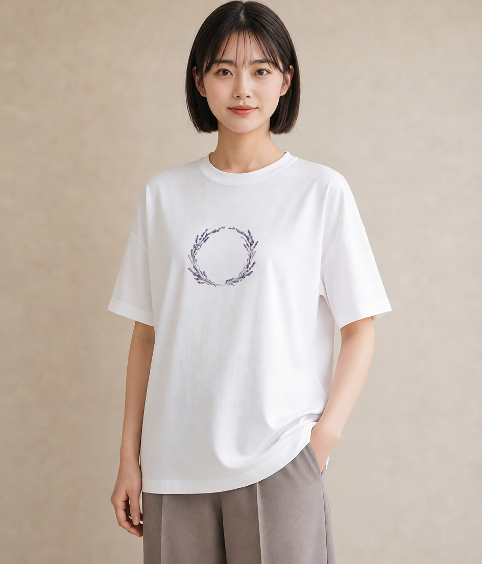 半袖Tシャツ レディース ラベンダー 花 花柄 イラスト ラフ デート 帰省 白T YMAZO