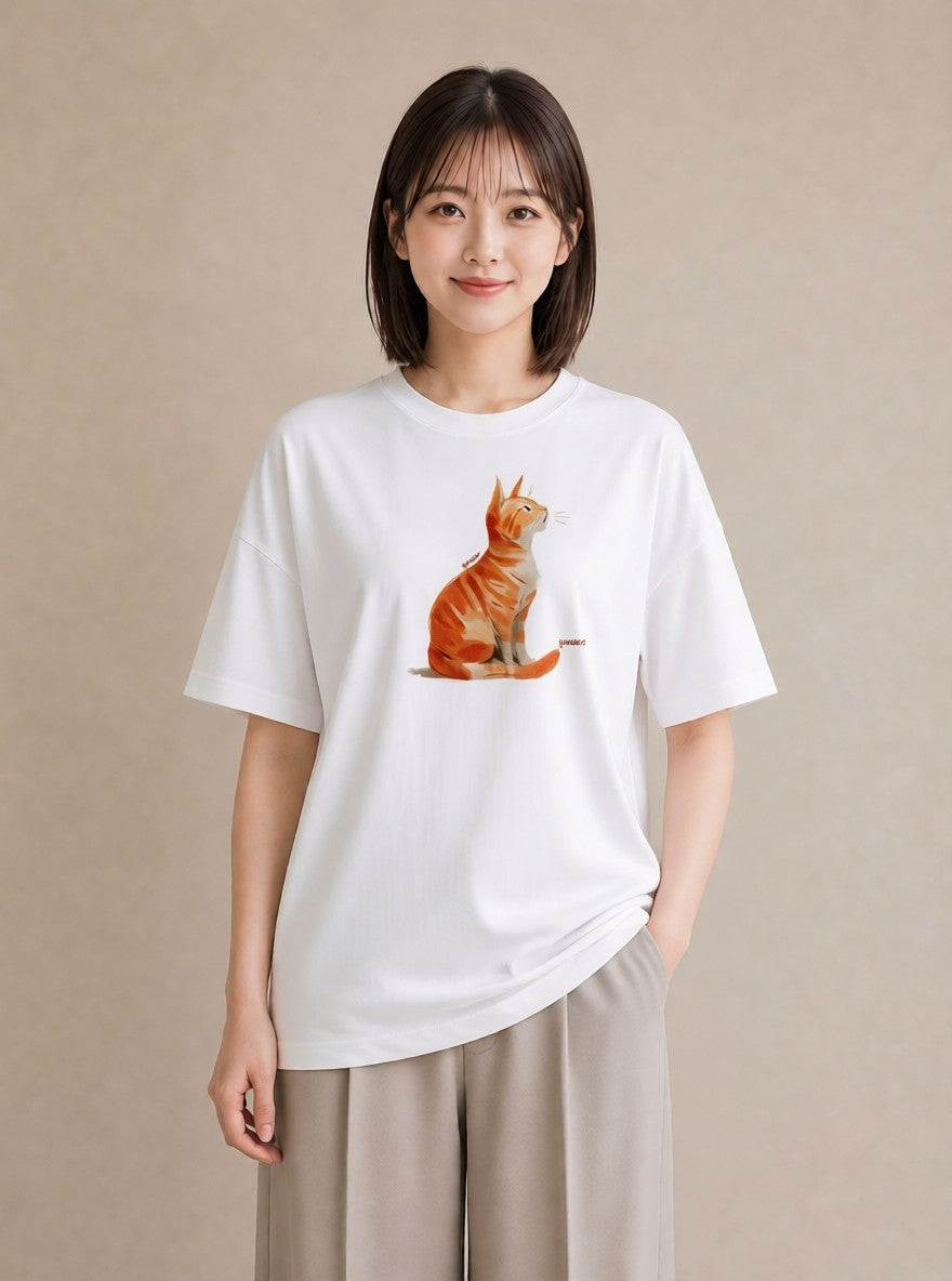 Tシャツ レディース ブリティッシュショートヘア 猫 ねこ イラスト ラフカジュアル ラフ レイヤード 白T YMAZO