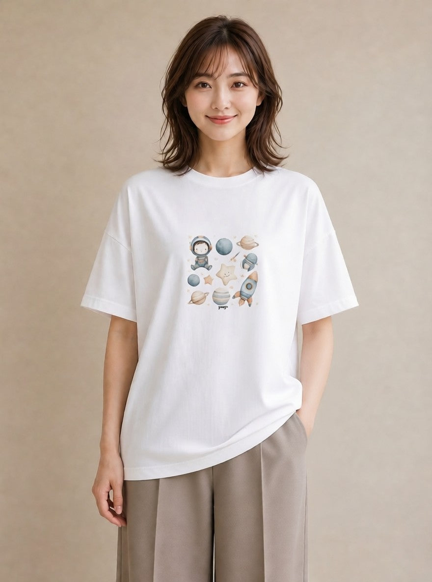 プリントTシャツ レディース プラネット 星空 宇宙 イラスト 韓国風 散歩 お出かけ 白T YMAZO