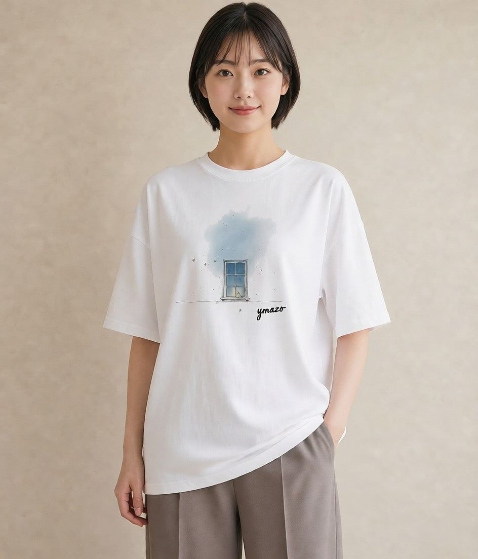半袖Tシャツ レディース 遠い家と鳥 風景 鳥 ナチュラル アンティーク イラスト お出かけ 普段着 白T YMAZO