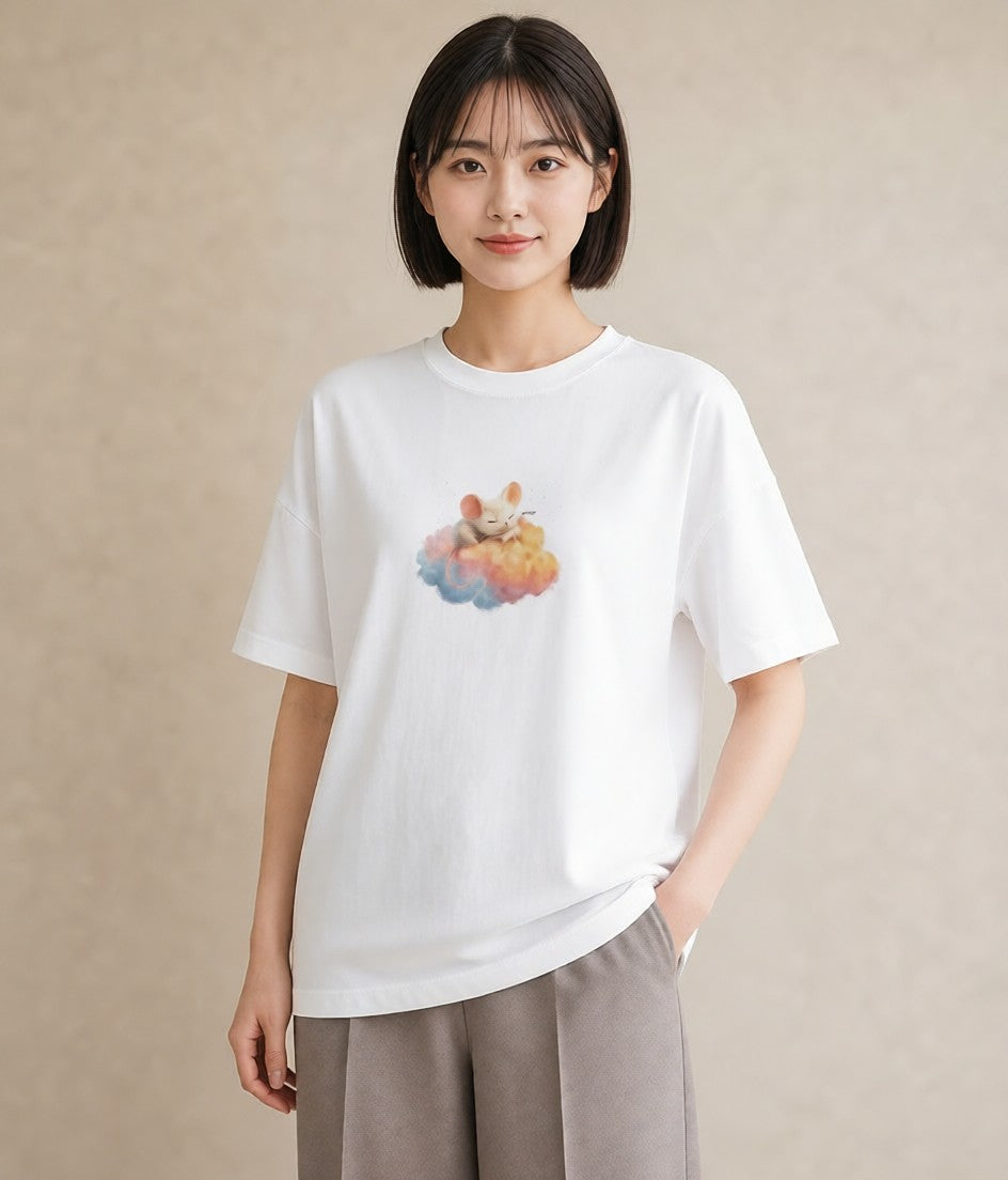半袖Tシャツ レディース 雲 星空 宇宙 イラスト 手描き風 旅行 母娘コーデ 白T YMAZO