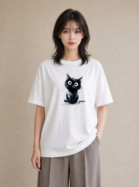 デザインTシャツ レディース ハチワレ 白黒猫 猫 ねこ イラスト 手描き風 母娘コーデ 自分用 白T YMAZO