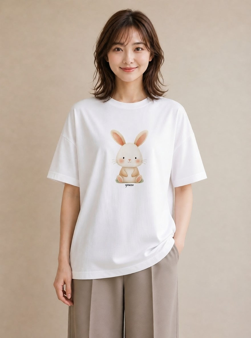 半袖Tシャツ レディース うさぎ ウサギ ラビット ペット 動物 イラスト 上品 女子会 お揃い 白T YMAZO