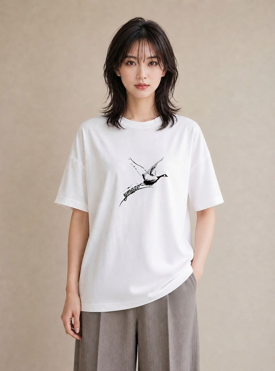 Tシャツ レディース ハクチョウ 動物 アニマル イラスト フェミニン 通勤 在宅 白T YMAZO