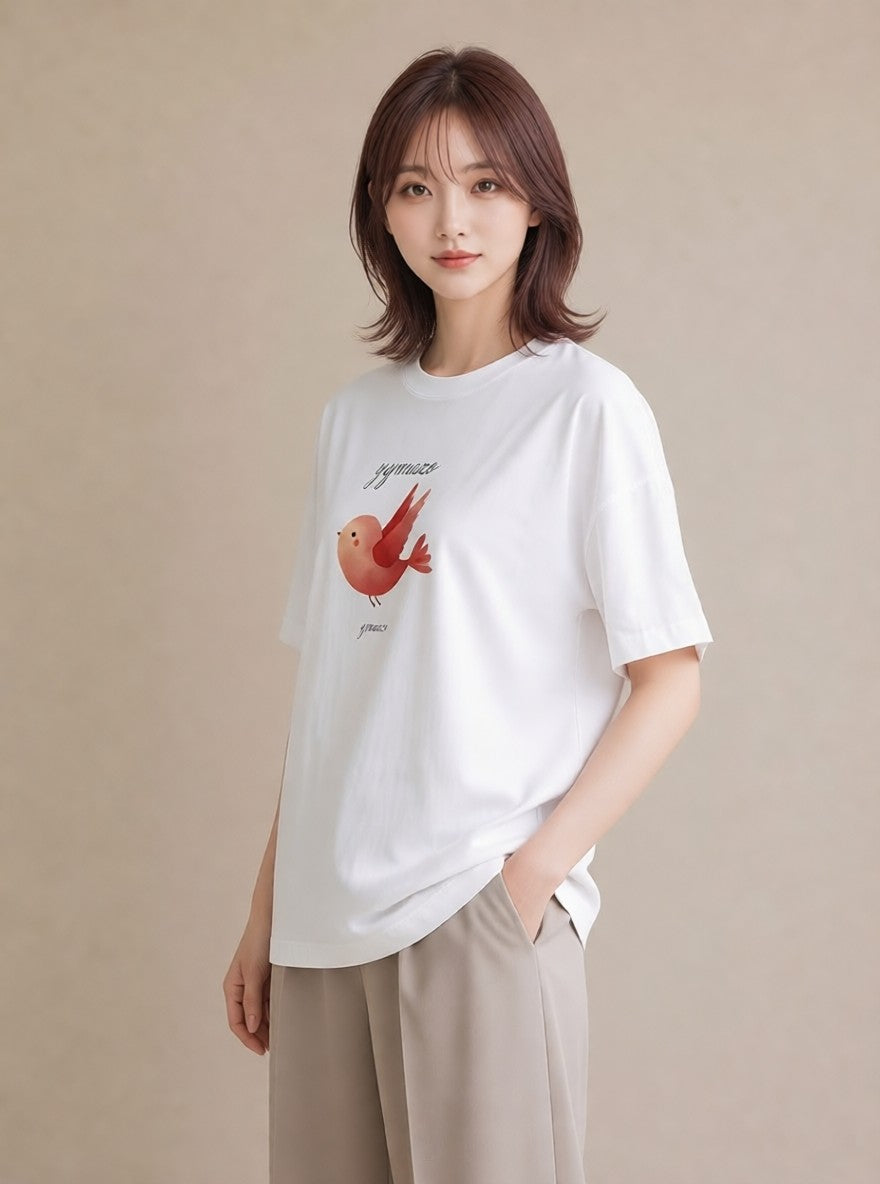 プリントTシャツ レディース 文鳥 ペット 動物 イラスト 線画 ペアコーデ 秋コーデ 白T YMAZO