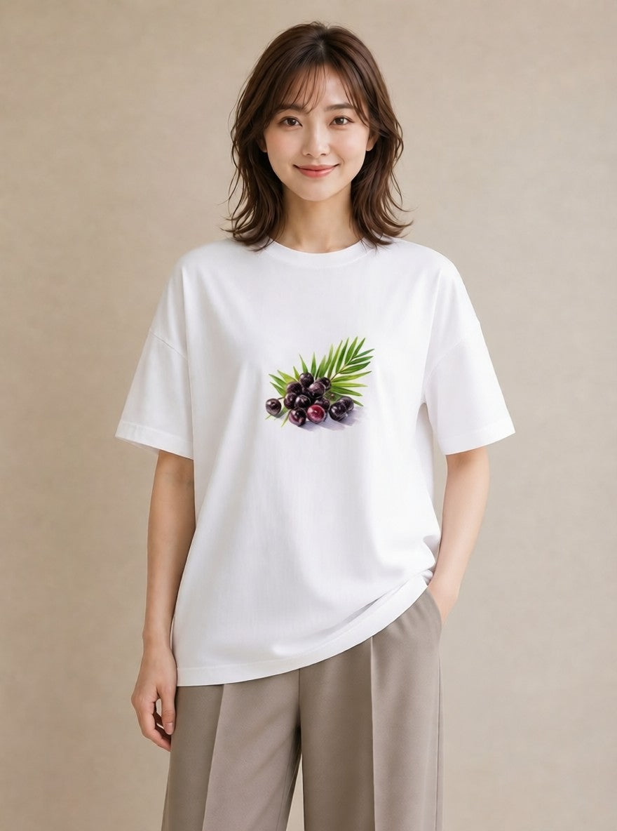 プリントTシャツ レディース ぶどう 葡萄 食べ物 フード イラスト シック 送別ギフト 通勤 白T YMAZO