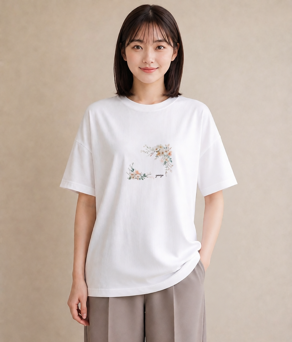 半袖Tシャツ レディース カスミソウ かすみ草 花 花柄 イラスト 手描き風 散歩 お出かけ 白T YMAZO
