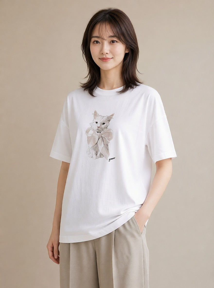 グラフィックTシャツ レディース 白猫 猫 ねこ イラスト ゆるコーデ 送別ギフト 通勤 白T YMAZO
