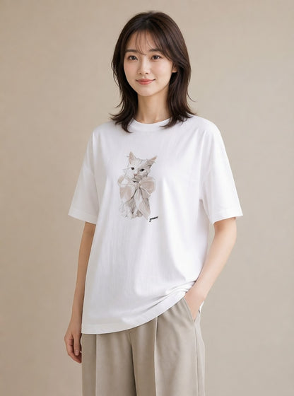 グラフィックTシャツ レディース 白猫 猫 ねこ イラスト ゆるコーデ 送別ギフト 通勤 白T YMAZO