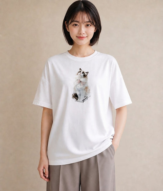 プリントTシャツ レディース 愛猫 猫 ねこ イラスト こなれ感 自分用 ルームウェア 白T YMAZO