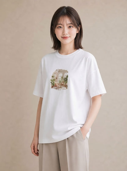 グラフィックTシャツ レディース 夕暮れ バルコニー 夕焼け ナチュラル アンティーク イラスト 抜け感 在宅 公園 白T YMAZO
