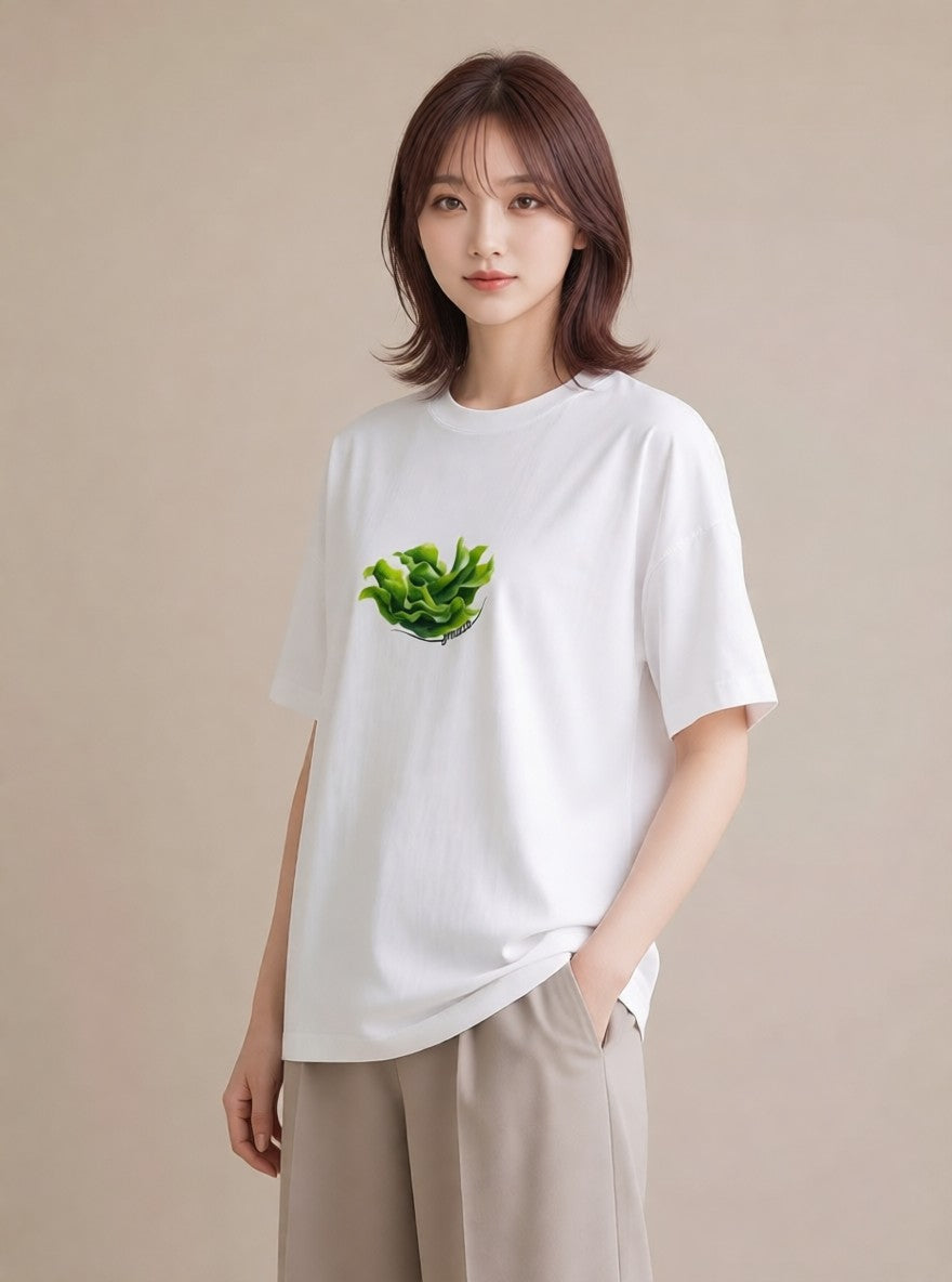 Tシャツ レディース 新緑 植物 ボタニカル イラスト 線画 カジュアルコーデ 買い物 白T YMAZO