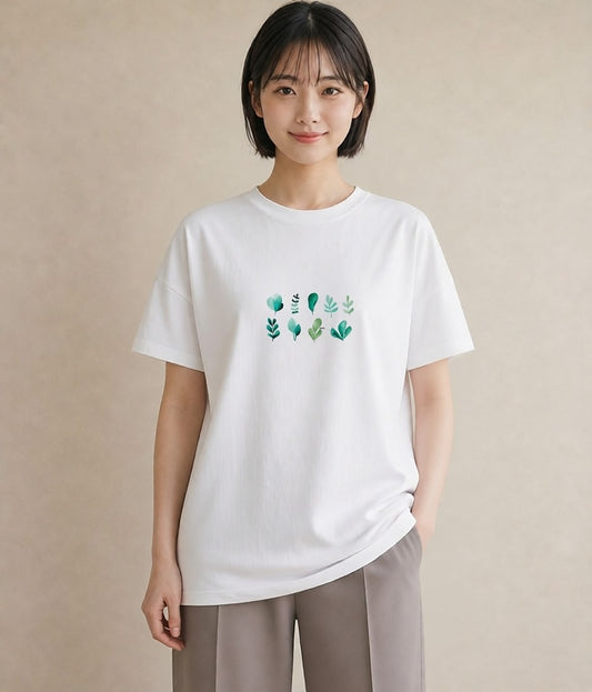 Tシャツ レディース 新緑 植物 ボタニカル イラスト 可愛い ミセス 春コーデ 白T YMAZO