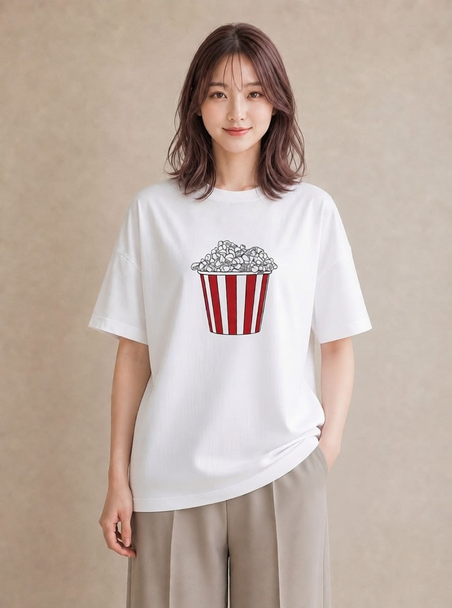 Tシャツ レディース ポップコーン 食べ物 フード イラスト 手描き風 女子会 お揃い 白T YMAZO