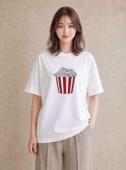 Tシャツ レディース ポップコーン 食べ物 フード イラスト 手描き風 女子会 お揃い 白T YMAZO