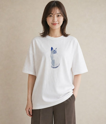 Tシャツ レディース シャム 猫 ねこ イラスト カジュアル 通学 誕生日プレゼント 白T YMAZO