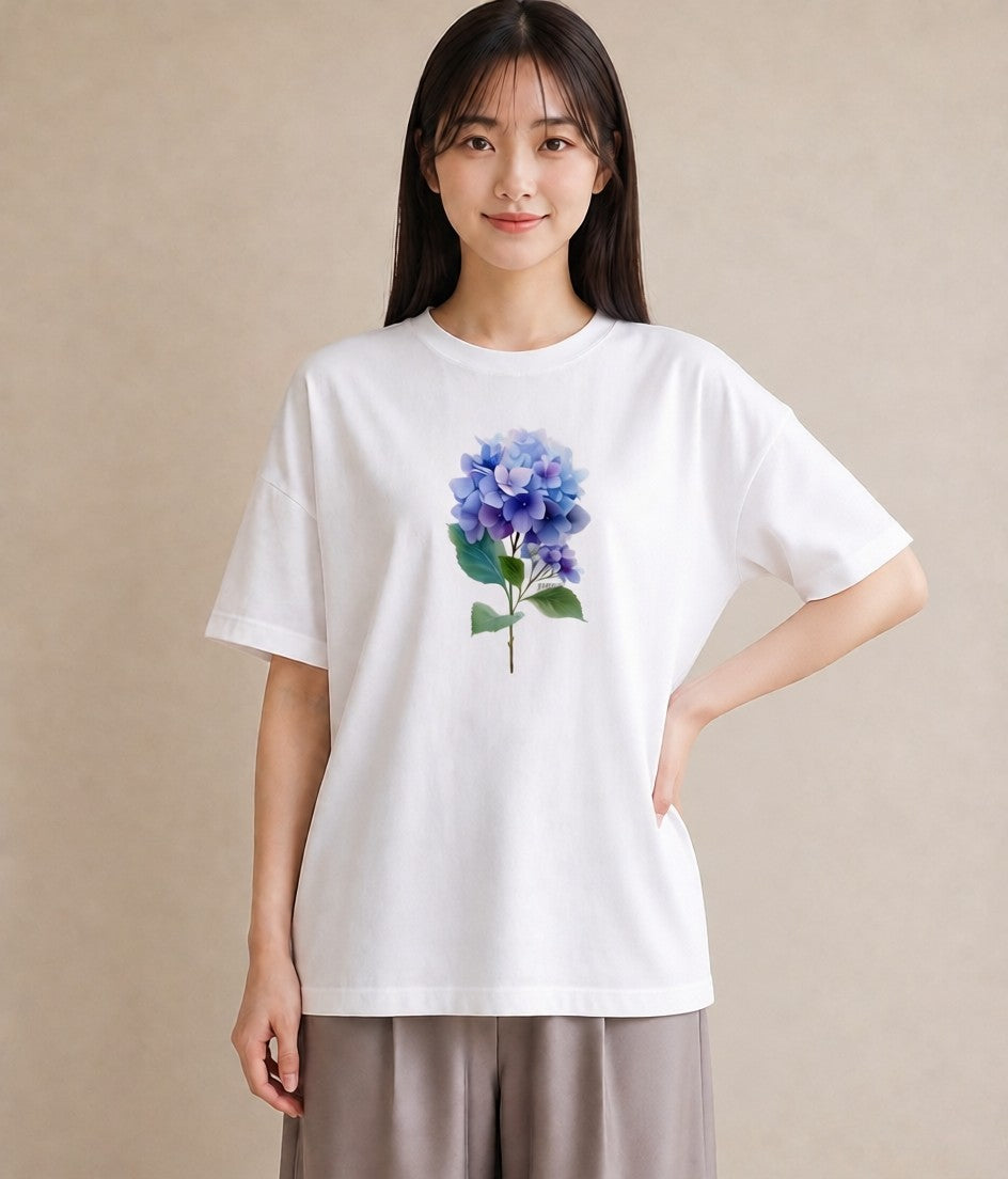 プリントTシャツ レディース あじさい 紫陽花 アジサイ 花 花柄 イラスト 上品 友達ギフト 部屋着 白T YMAZO