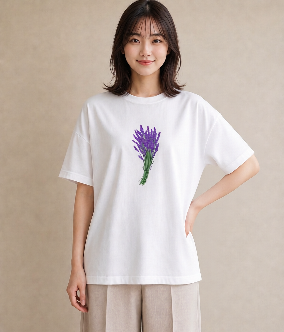 デザインTシャツ レディース ラベンダー 花 花柄 イラスト 個性的 カフェ服 クリスマス 白T YMAZO
