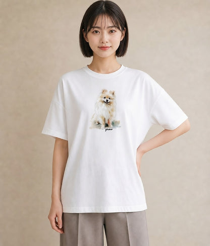 デザインTシャツ レディース ポメラニアン ポメ 犬 いぬ イラスト 休日コーデ お揃い 親子 白T YMAZO
