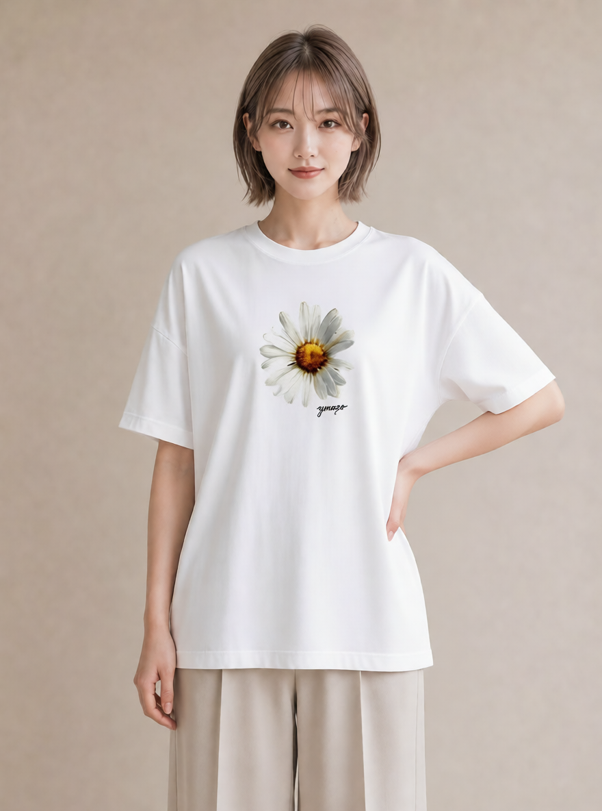 デザインTシャツ レディース マーガレット 花 花柄 イラスト フェミニン 夏コーデ 通学 白T YMAZO
