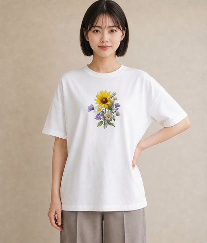 半袖Tシャツ レディース マーガレット 花 花柄 イラスト 送別ギフト 通勤 白T