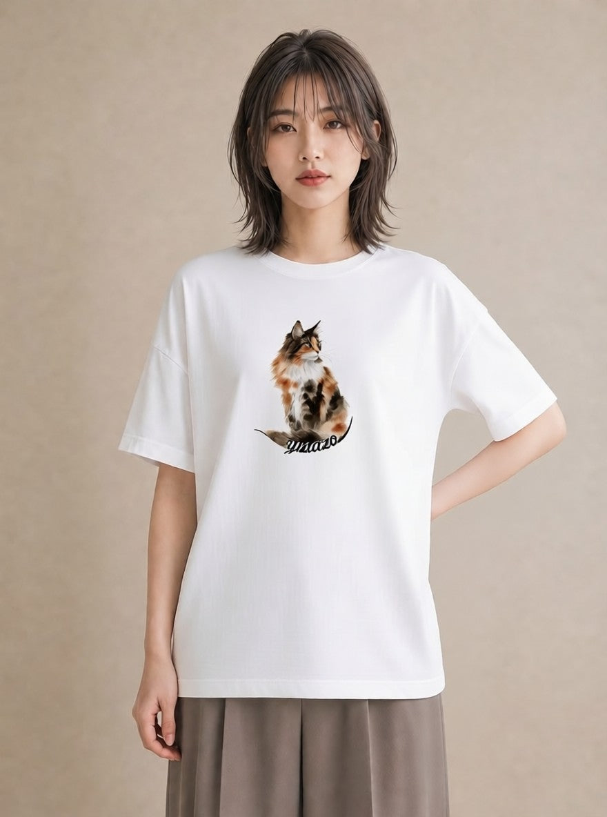 Tシャツ レディース しっぽ 猫 ねこ イラスト 線画 お出かけ 普段着 白T YMAZO