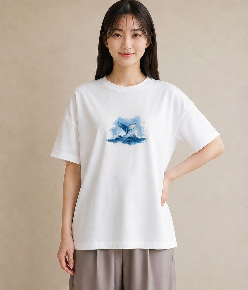 グラフィックTシャツ レディース クジラ 海の生き物 海 イラスト レトロ 母娘コーデ 自分用 白T YMAZO