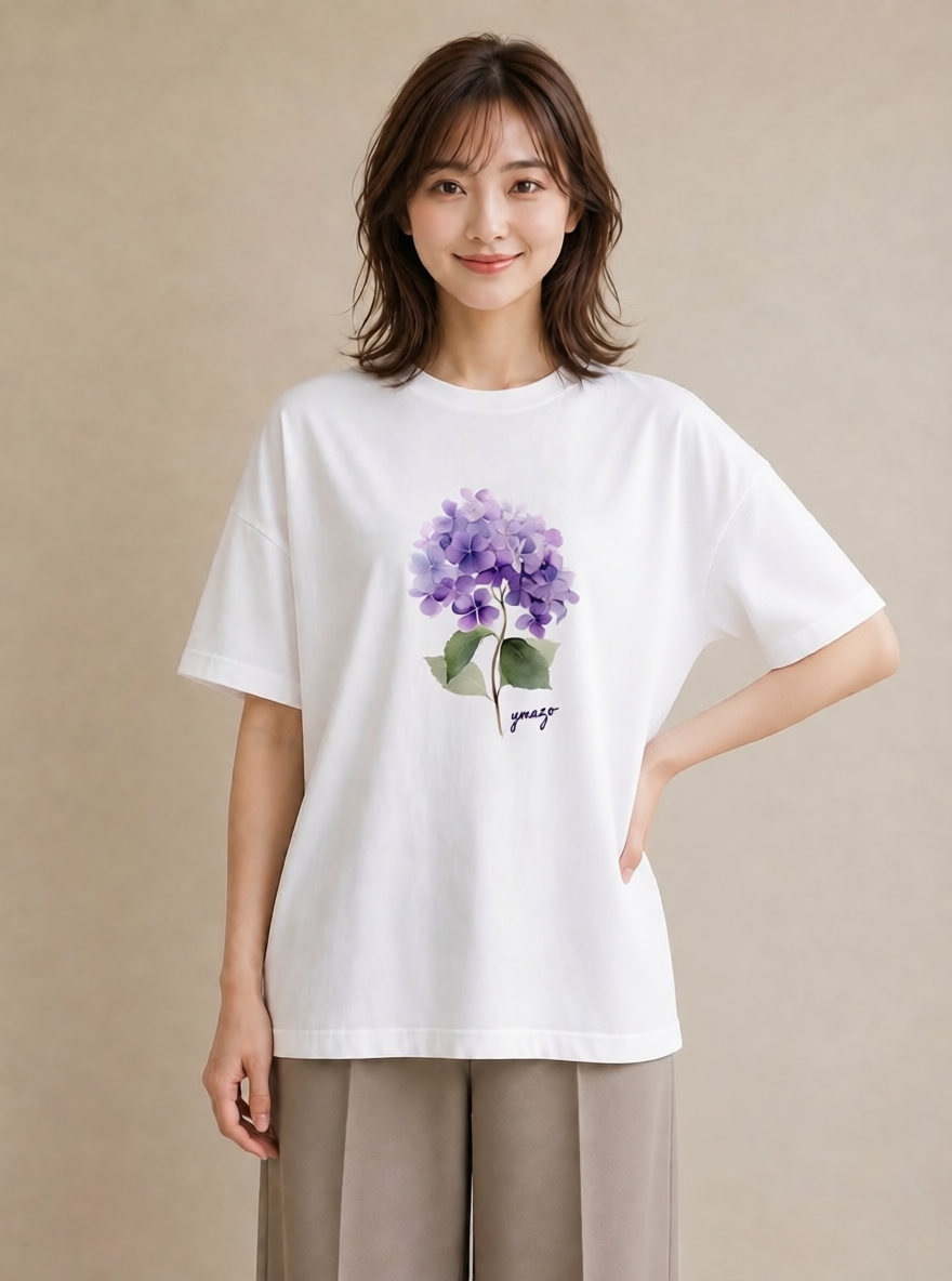 デザインTシャツ レディース あじさい 紫陽花 アジサイ 花 花柄 イラスト 母娘コーデ 自分用 白T YMAZO