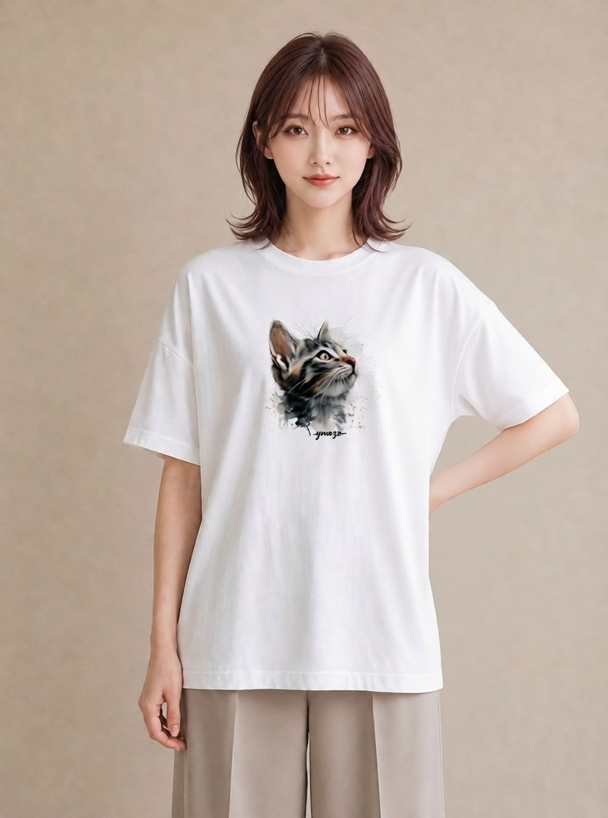 デザインTシャツ レディース 愛猫 猫 ねこ イラスト 韓国風 ミセス 春コーデ 白T YMAZO