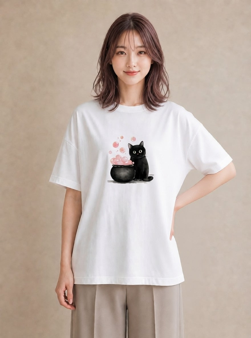 デザインTシャツ レディース ハチワレ 白黒猫 猫 ねこ イラスト 淡色 自分用 ルームウェア 白T YMAZO