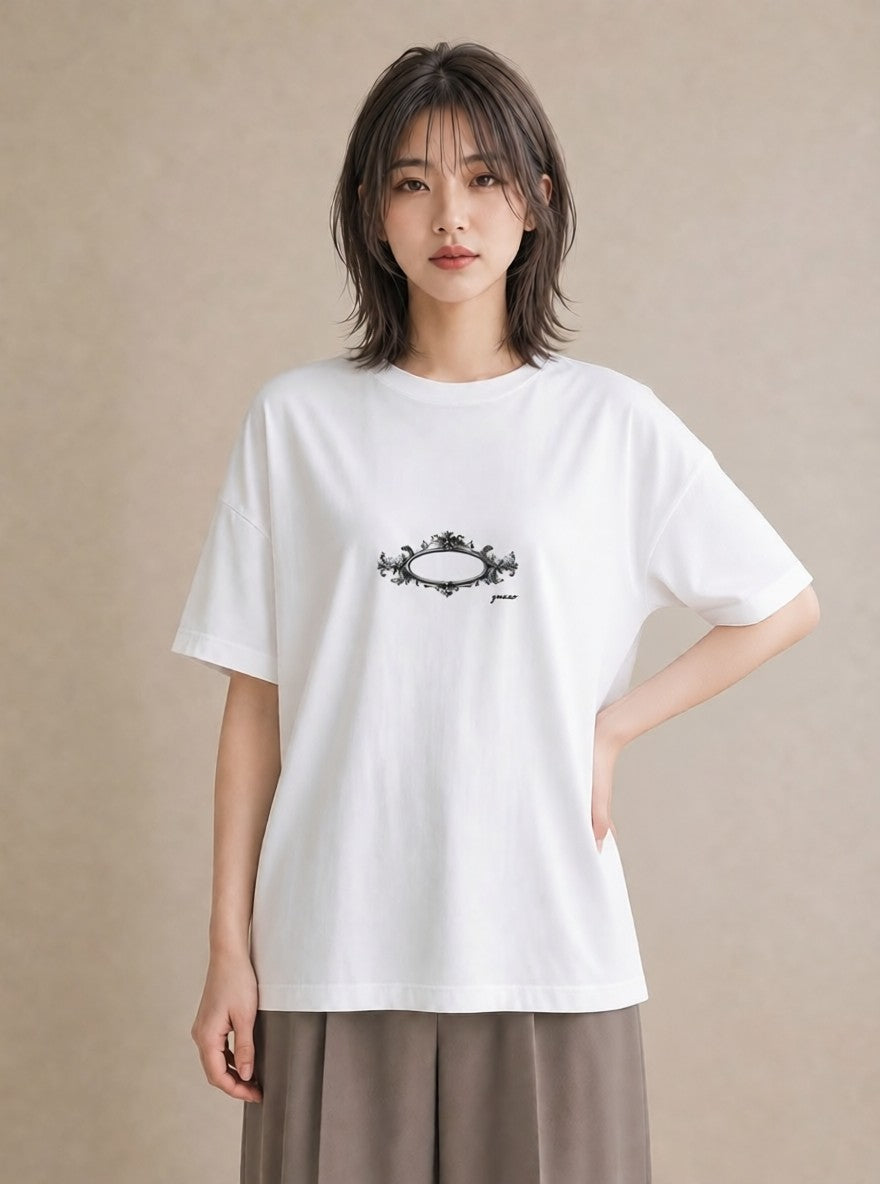 デザインTシャツ レディース 手鏡 アンティーク レトロ ナチュラル イラスト 手描き風 通学 誕生日プレゼント 白T YMAZO