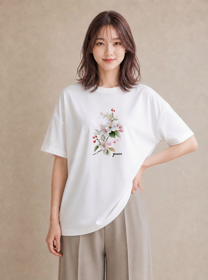 半袖Tシャツ レディース 梅 花 花柄 イラスト こなれ感 母娘コーデ 自分用 白T