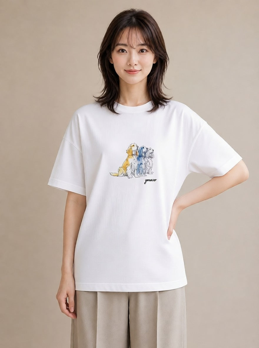 デザインTシャツ レディース キャバリア 犬 いぬ イラスト きれいめ ホワイトデー 春服 白T YMAZO