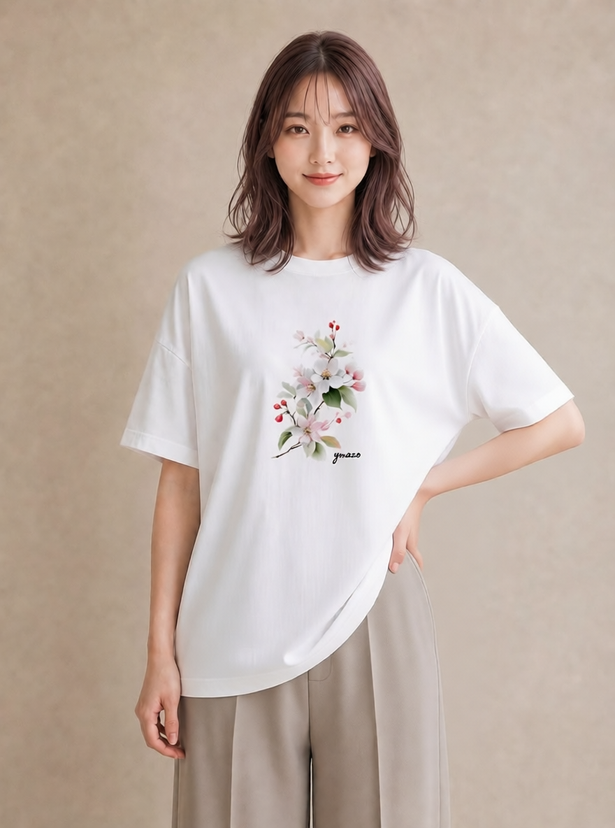 半袖Tシャツ レディース 梅 花 花柄 イラスト こなれ感 母娘コーデ 自分用 白T YMAZO