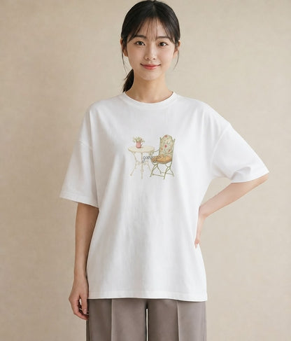 デザインTシャツ レディース 夕暮れ バルコニー 夕焼け ナチュラル アンティーク イラスト レトロ カフェ服 クリスマス 白T YMAZO