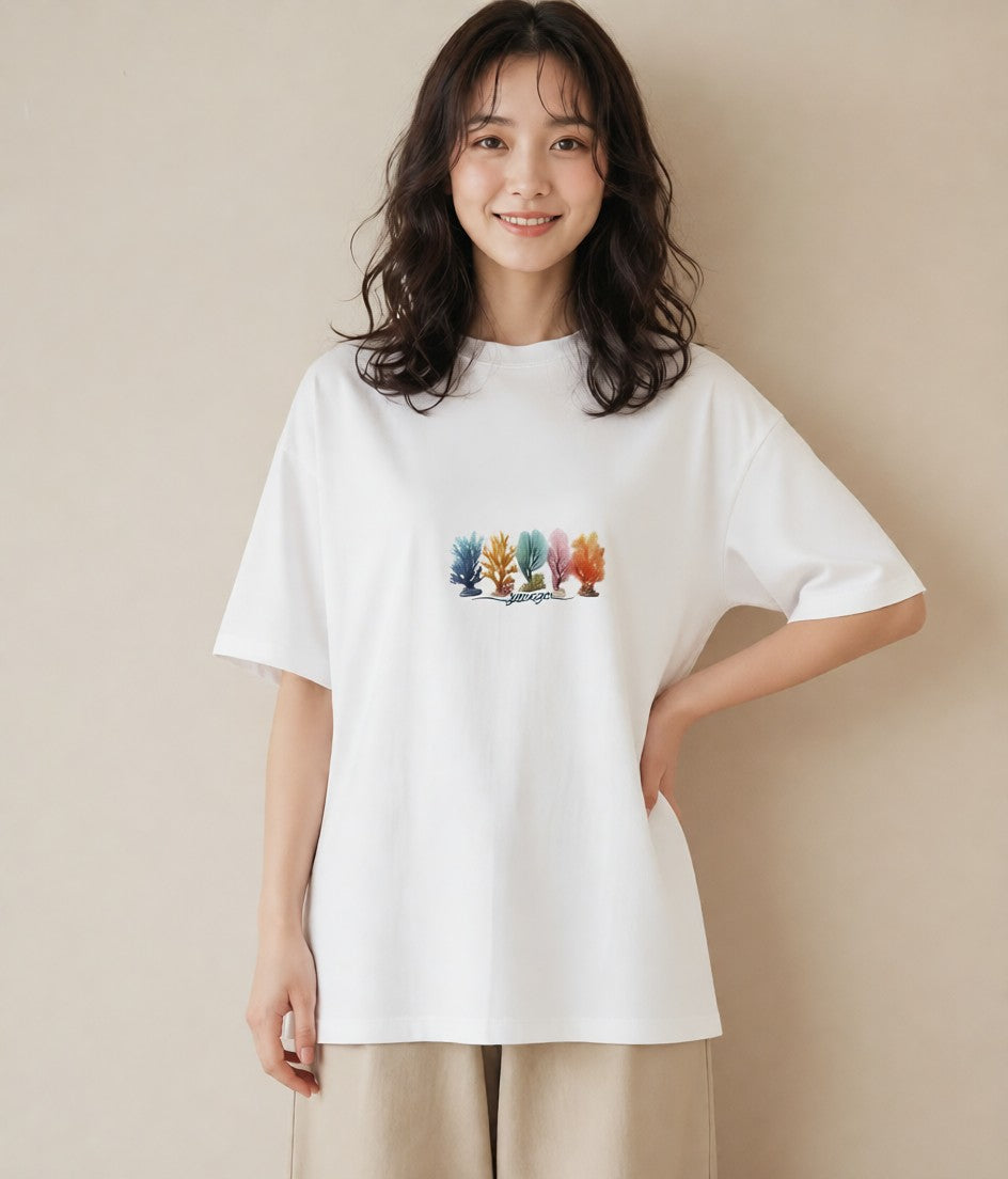 プリントTシャツ レディース サンゴ 海の生き物 海 イラスト ボタニカル ミセス 春コーデ 白T YMAZO