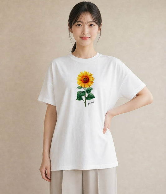 プリントTシャツ レディース ひまわり 向日葵 花 花柄 イラスト シンプル ビーチ デイリーウェア 白T YMAZO