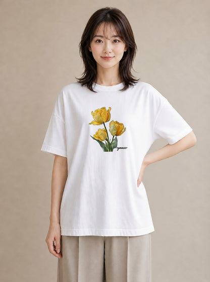 プリントTシャツ レディース チューリップ 花 花柄 イラスト ラフ 女性向けギフト 散歩 白T YMAZO