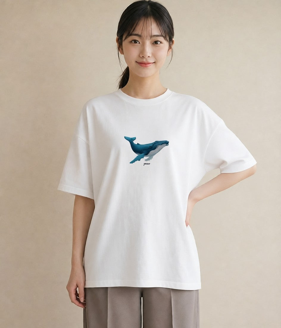 デザインTシャツ レディース クジラ 海の生き物 海 イラスト 淡色 ミセス 春コーデ 白T YMAZO